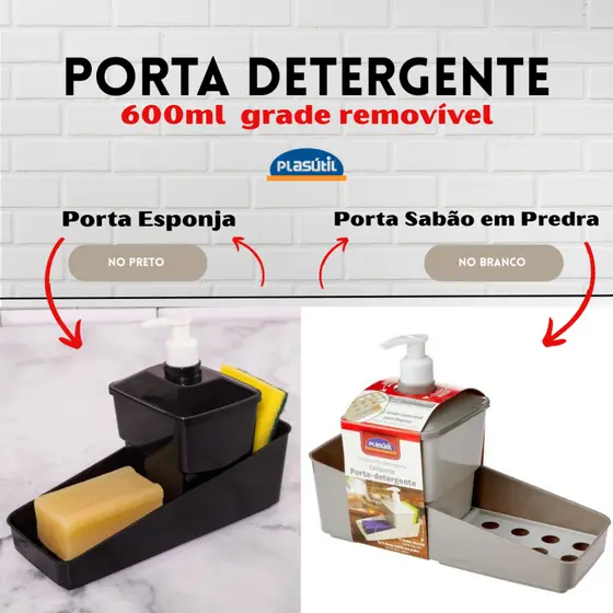 Conjunto Porta Detergente líquido 600ml - 3 Em 1 Preto Plasútil