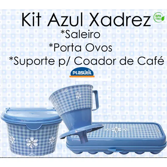Kit Azul Xadrez - Saleiro/Porta- Ovos/ Suporte para filtro de café - Para trazer ainda mais charme para sua cozinha!