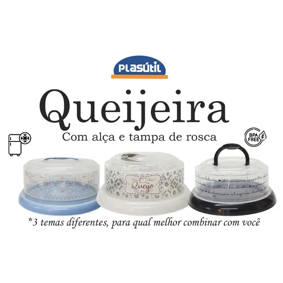 Queijeira em plástico reforçado com alça e tampa de rosca - qualidade Plasútil - 4 diferentes temas.