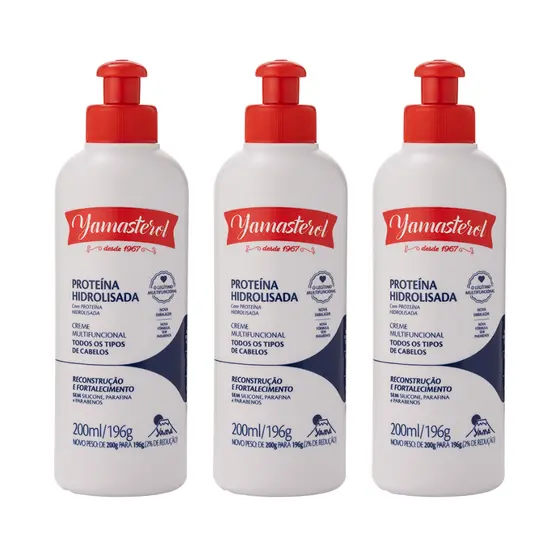 Creme de pentear reparação Capilar Yamasterol Branco Proteína Hidrolisada  200g - Kit com 3