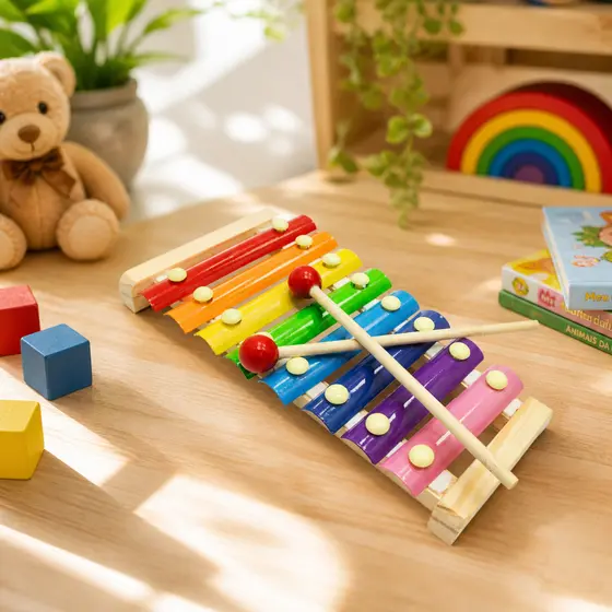 Brinquedo pedagógico Xilofone Educativo 8 Notas Madeira Teclado Musical Didático Coordenação Baqueta