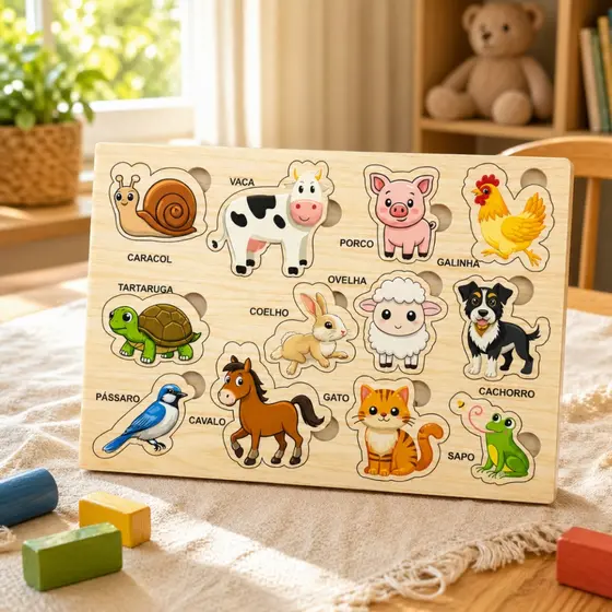 Quebra Cabeça Animais Brinquedo Educativo Pedagógico Encaixe Didático 12 pçs Tabuleiro Educação