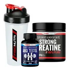 Kit 1 Strong Creatine 300g + 1 Suplemento Alimentar Argi Testol 60 Tabs + 1 Coqueteleira 600ml  - Fisio Nutri