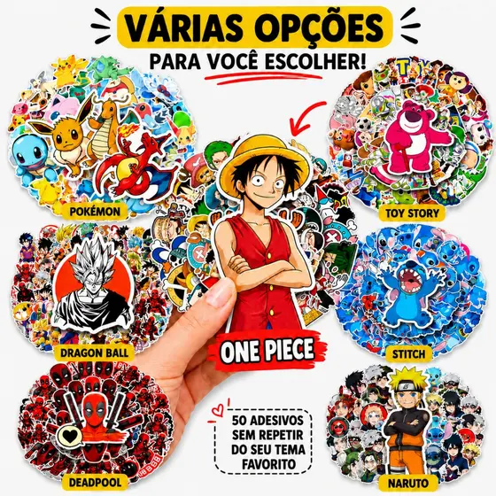 Adesivo kit com 50 adesivos Impermeáveis em Vinil Anime Sem repetir One Piece Naruto Dragon Ball Pokemon Stich Toy Story
