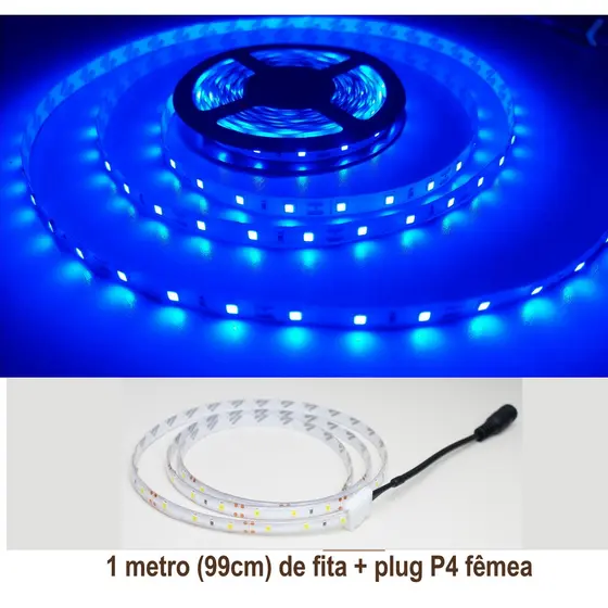 Fita LED Azul 1 metro (99cm de fita) 3528 IP65 Siliconada 12V Dupla Face com Plug Femea P4