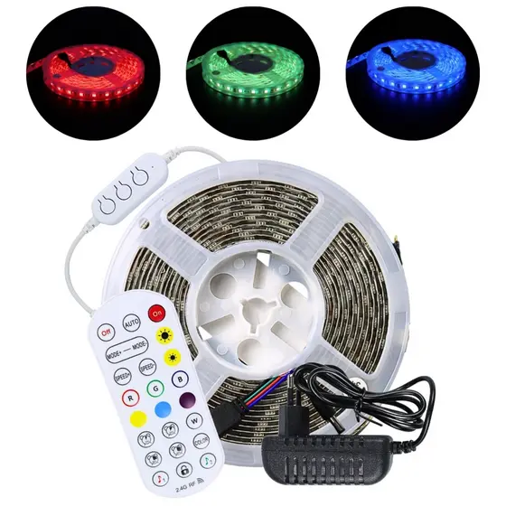 Kit Fita LED 5050 RGB 5M 12V IP65+ Controle Bluetooth+ Fonte