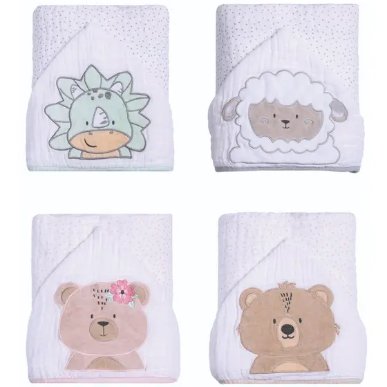 Toalha Banho Fralda Papi Soft com Capuz Três Camadas com Capuz - Bichinhos