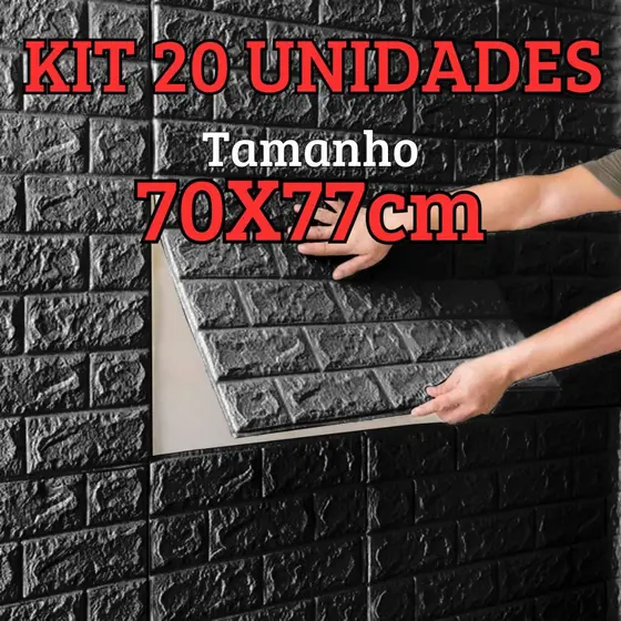 Kit 20 Placas 3D Tijolinho Preto 70x77cm Auto Adesivo Espuma Revestimento de Parede