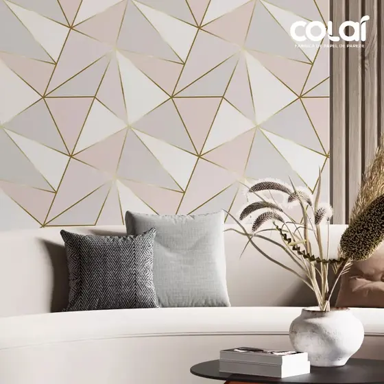 Papel De Parede 3m Cinza Rosê Decor Liso Fio Golde Geométrico AutoColante Adesivo Quarto Cozinha