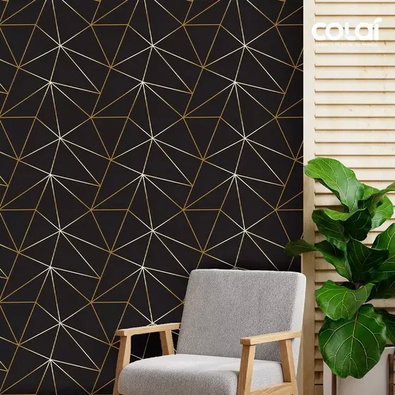 Papel de Parede Adesivo 3m Auto Colante Preto Com Listras Gold Geométrica Sala Quarto Escritório