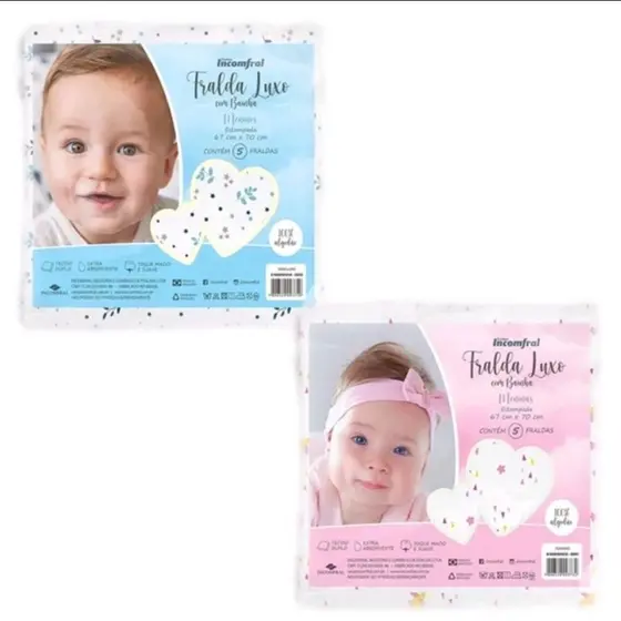 Fralda de pano dupla luxo com bainha estampada 5 unidades Incomfral