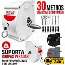 Varal De Roupas Retrátil Recolhivel Para Parede Seca Fácil Com Corda De 30m  Manivela Carretilha Para Apartamento