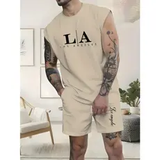 Conjunto Regata Machão L A Los Angeles Camiseta Camisa Masculina Bermuda Moletom com Bolso Algodão Esporte Casual