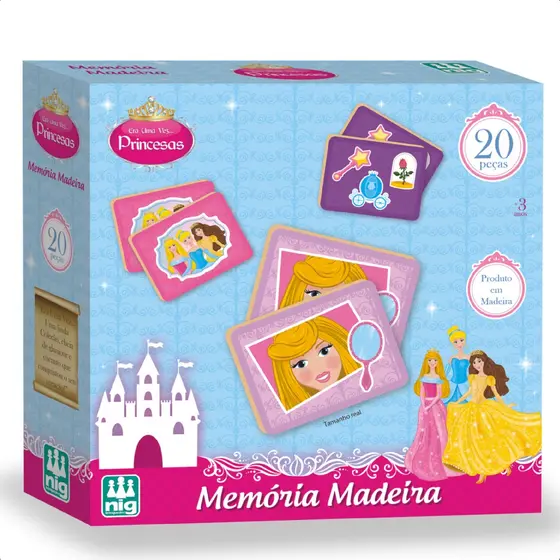 Jogo Da Memória Princesas Infantil 20 Peças Madeira 10 Pares Criatividade Imaginação 3 Anos Nig Brinquedos - 0794