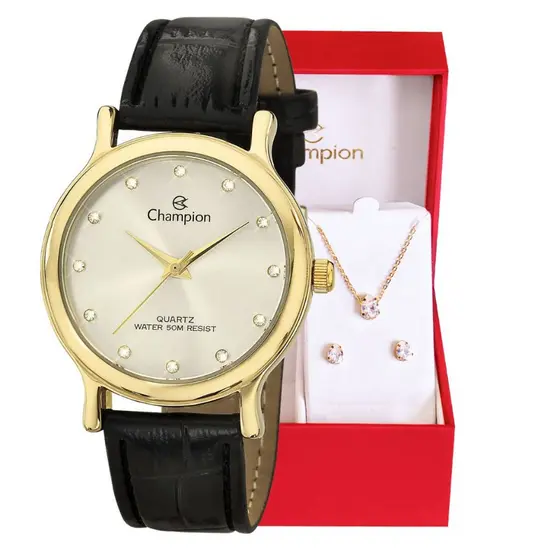 Relógio Champion Feminino Couro + Kit Colar e Brincos Original À Prova D'Água Mulher Barato CH22733B