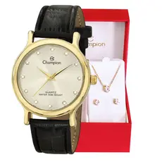 Relógio Champion Feminino Couro + Kit Colar e Brincos Original À Prova D'Água Mulher Barato CH22733B