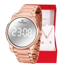 Relógio Champion Feminino Digital Espelhado Rosê + Kit Colar e Brincos Origina CH40124M