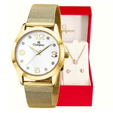 Relógio Champion Feminino Analógico Dourado Kit de Brincos e Colar Original À Prova d'Água CN29098W