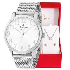 Relógio Champion Feminino Analógico Prata + Kit Colar e Brincos Original À Prova D'Água Mulher Presente Barato CN26019Q