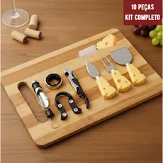 KIT 10 ITENS Completo para Vinho e Queijos | Tábua Bambu Ecológica + Acessórios Inox