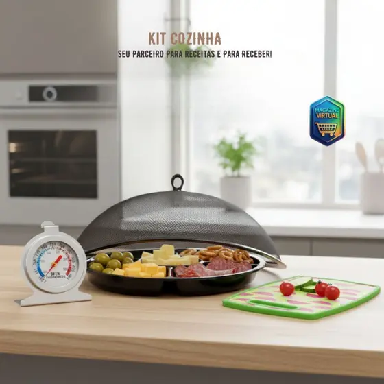 KIT COZINHA 4 PEÇAS | 1Termômetro de Forno + 1 Tábua de Corte + 1 Rede Mosqueteira + 1 Petisqueira