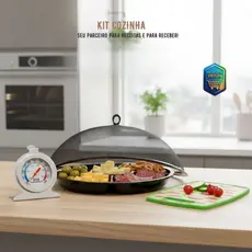 KIT COZINHA 4 PEÇAS | 1Termômetro de Forno + 1 Tábua de Corte + 1 Rede Mosqueteira + 1 Petisqueira
