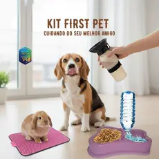 KIT FIRST PET: 1 Bebedouro Portátil + 1 Tapete Sanitário + 1 Comedouro Duplo para Cães e Gatos