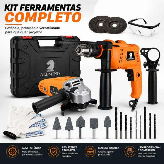 Kit Lixadeira Esmerilhadeira Angular Furadeira de Impacto 10mm e Maleta de Transporte Com Acessórios