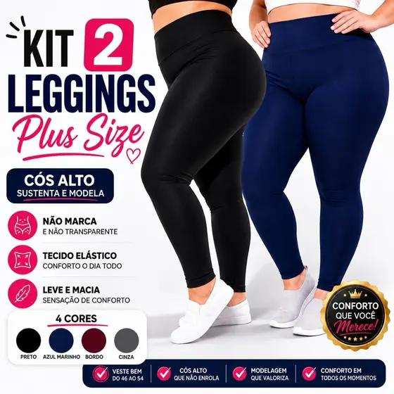 Kit 2 Calças Legging Plus Size Suplex Cintura Alta Costura Reforça G1 G2 G3
