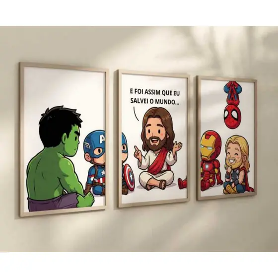 Kit Quadro Decorativo 3 peças Jesus nosso salvador herói princesas evangélico decoração casa quarto sala menino menina
