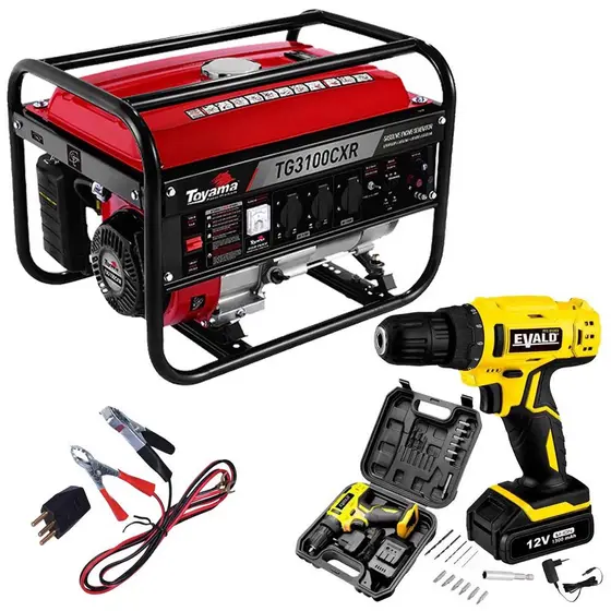 Gerador de Energia à Gasolina 3,1 Kva Manual TOYAMA + Parafusadeira Furadeira 12V EVALD
