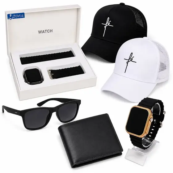 Kit Presente Masculino Boné grife + Carteira de Couro+ Óculos + Relógio Premium Prova Dagua