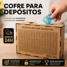 Cofre Caixa de Desafio Financeiro em MDF | 250 Depósitos 5 Mil 10 Mil