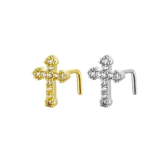 Piercing de Nariz em Cobre Estilo Cruz, Clipe de Nariz em Forma de L, Anel de Nariz com Zircônia Incrustada em Cobre, Jo