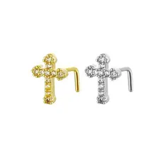 Piercing de Nariz em Cobre Estilo Cruz, Clipe de Nariz em Forma de L, Anel de Nariz com Zircônia Incrustada em Cobre, Jo