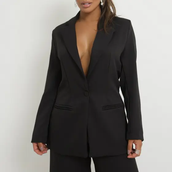 Blazer Feminino Alfaiataria Com Botão Único Alongado Estruturado Premium Luxo Acinturado