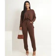 Conjunto Feminino Malha Tricot Longo Moda Inverno Blusa Manga Longa e Calça Com Bolsos