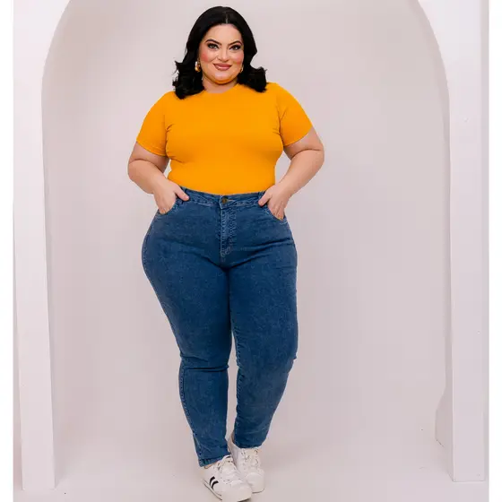 Calças Femininas Jeans Plus Size com Lycra Cintura Alta levanta bum bum