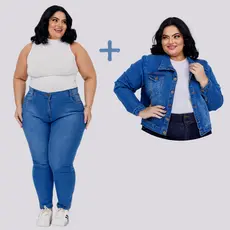 Kit 1 Jaqueta Jeans + 1 Calça Plus Size Feminino Cintura Alta e Bolsos