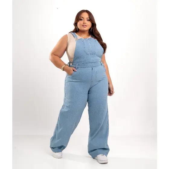 Jardineira Jeans Plus Size Calça Cintura Alta Macacão Pantalona Wide leg