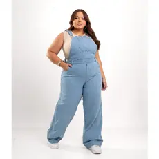 Jardineira Jeans Plus Size Calça Cintura Alta Macacão Pantalona Wide leg