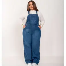 Jardineira Jeans Plus Size Calça Cintura Alta Macacão Pantalona Wide leg