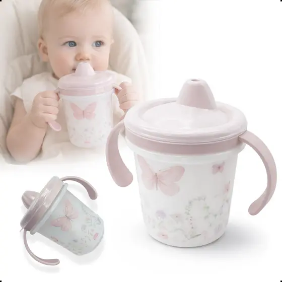 CANECA TREINAMENTO INFANTIL BEBÊ COM ALÇA REMOVÍVEIS 280ML BORBOLETAS MENINA