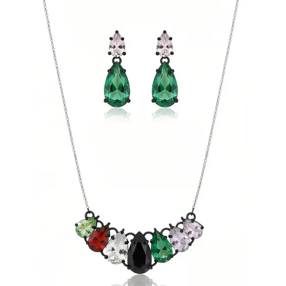 Conjunto de Colar e Brincos em Formato Gota Estruturada Zircônias | Feminino | Banhado Ouro 18K | Antialérgico