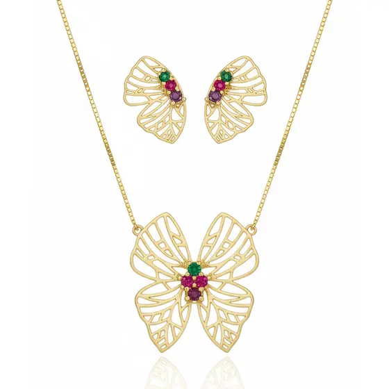Conjunto Borboleta Vazada com Cristais Banhado | Feminino | Banhado Ouro 18K | Antialérgico | Semijoia | LABRILHO Joias