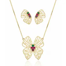Conjunto Borboleta Vazada com Cristais Banhado | Feminino | Banhado Ouro 18K | Antialérgico | Semijoia | LABRILHO Joias