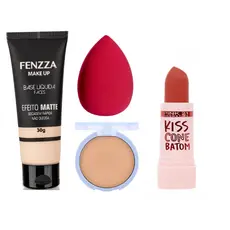 Kit de Maquiagem Prático Base, Pó, Esponja e Batom