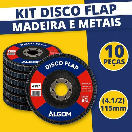 Kit 10 Disco Flap 115mm (4.1/2) Profissional Madeira Aço e Inox - Grão 40 - 60 - 80 - 100 - 120