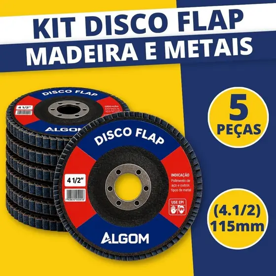 Kit 5 Disco Flap 115mm (4.1/2) Profissional Aço e Inox - Grão 40 - 60 - 80 - 100 - 120