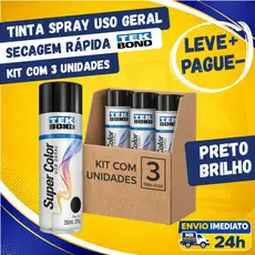 Kit 3 Tinta Spray Uso Geral Tekbond Preto Brilho 350ml Secagem Rápida